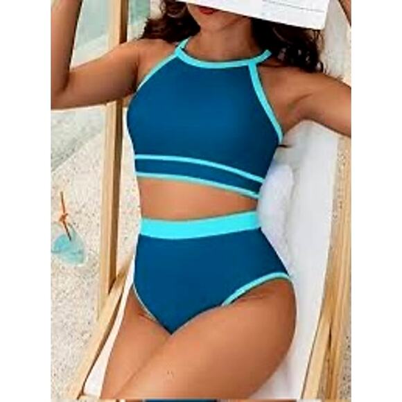 Blooming Jelly NWT Women's Medium Sporty High Waist Two Piece Colorblock Bikini - Picture 1 of 9